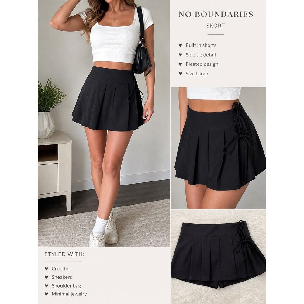 Womens Black Skort Size L Pleated Mini Built In Shorts Tennis Y2K